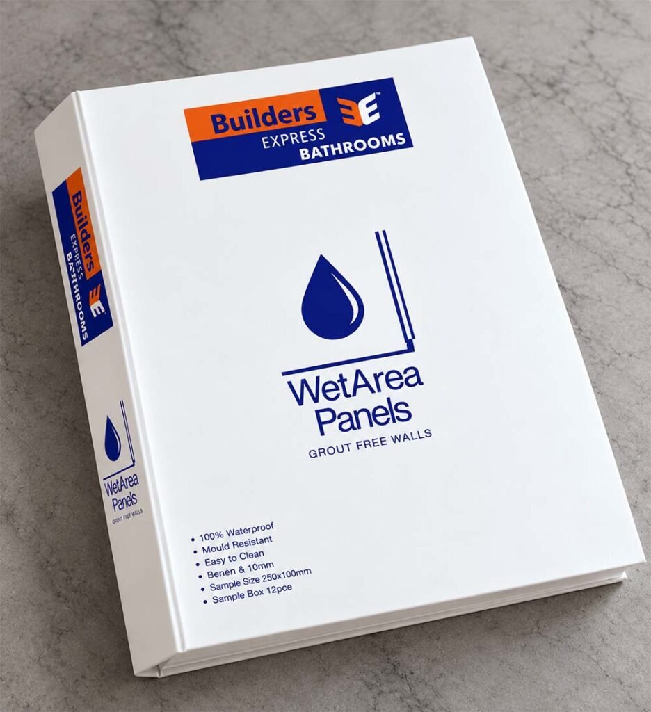 Custom branded wet area panel sample book with white hardcover and printed logo